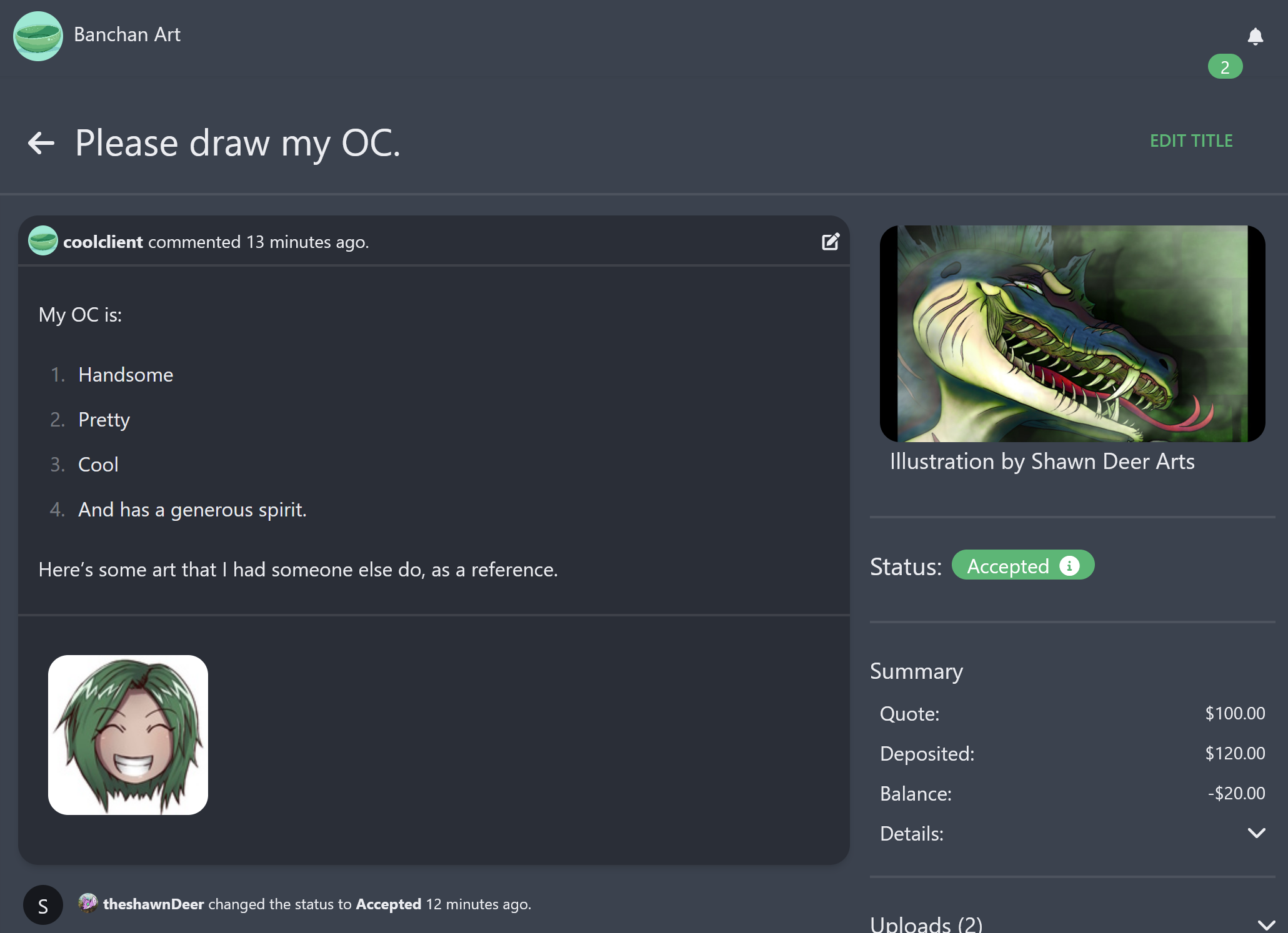 Screenshot of an ongoing commission. The title is 'Please draw my OC'. There are various elements of interest on the page, such as a status, a summary of what is being paid for, and some art on the page.