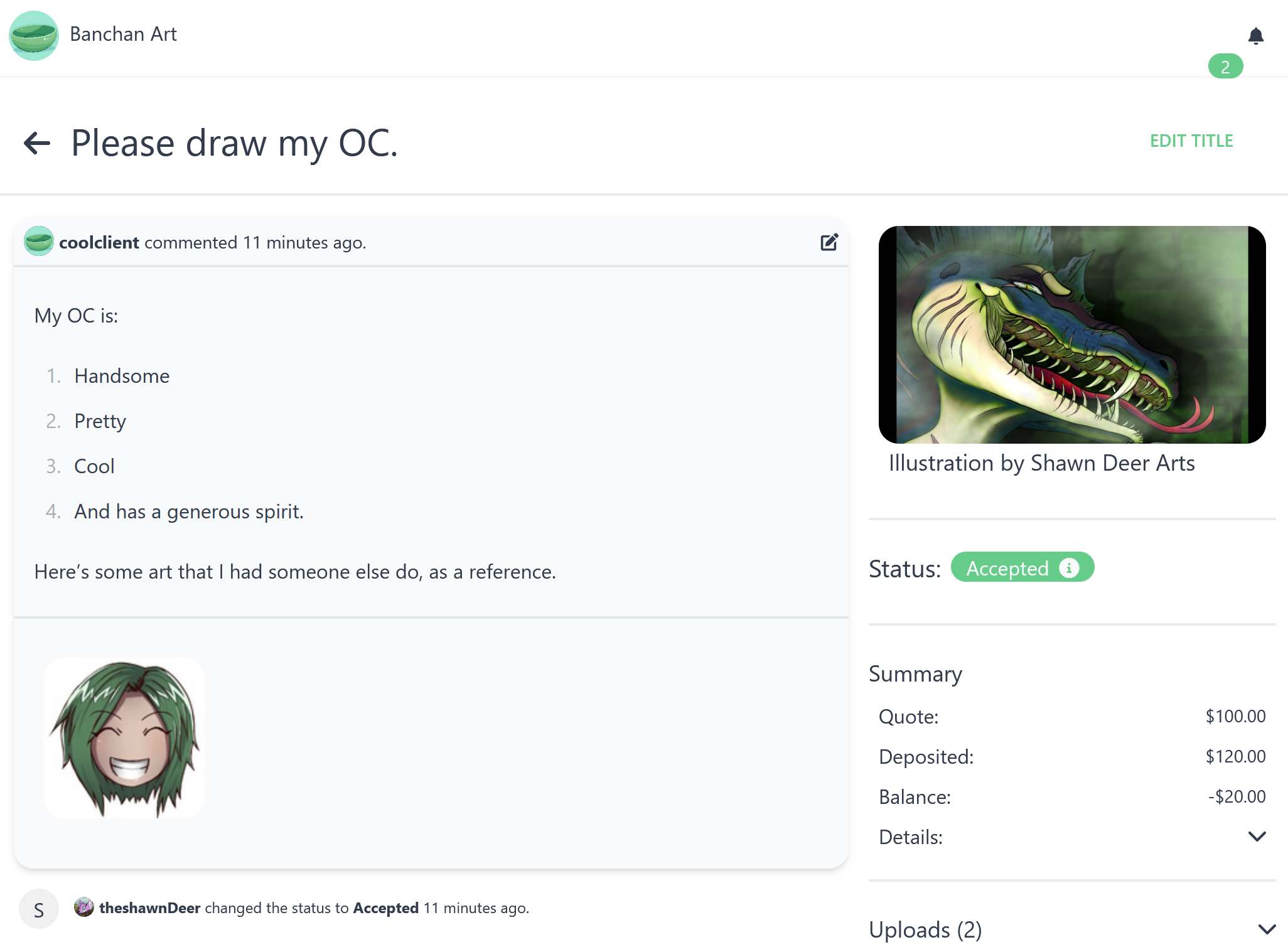 Screenshot of an ongoing commission. The title is 'Please draw my OC'. There are various elements of interest on the page, such as a status, a summary of what is being paid for, and some art on the page.