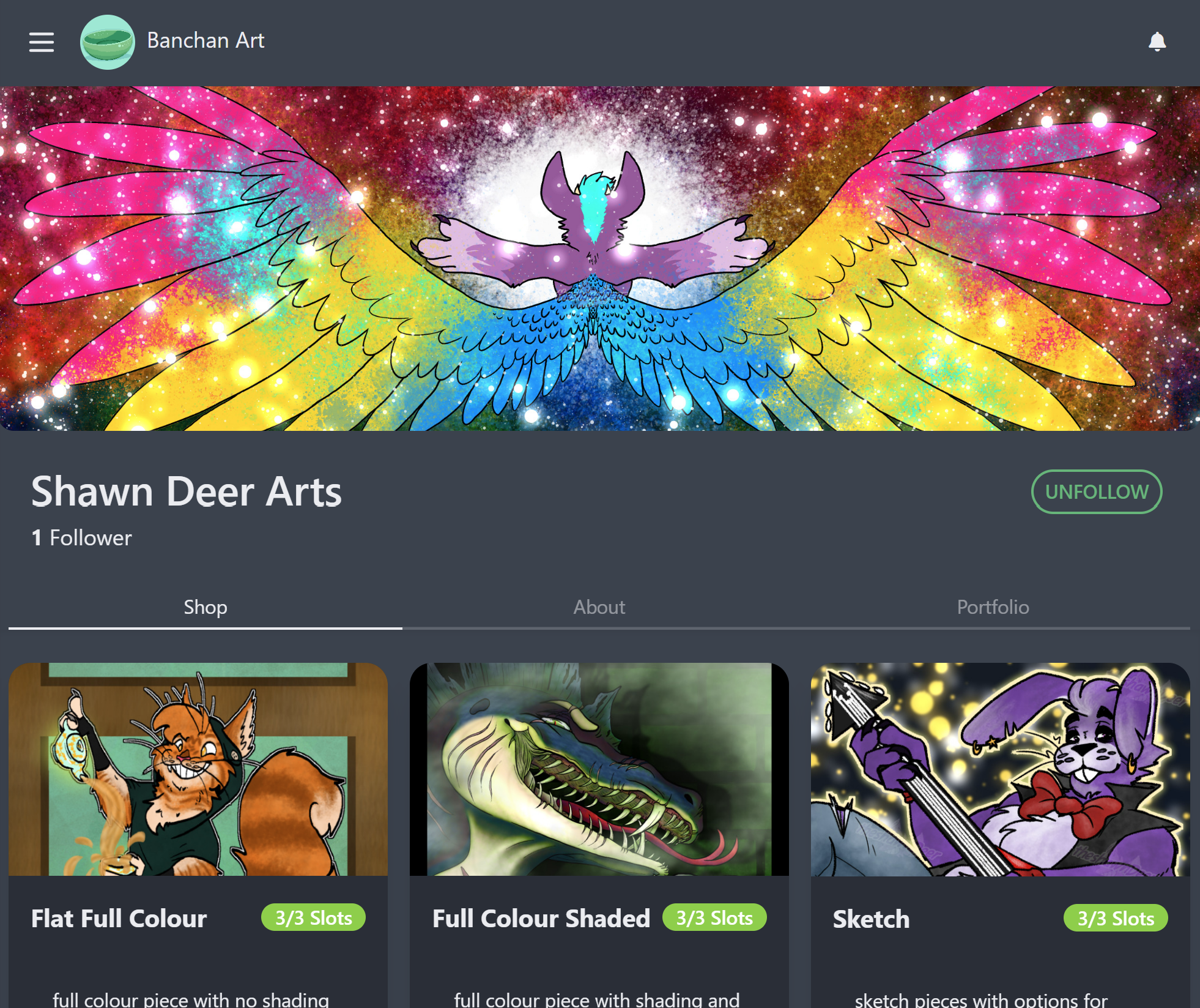 Screenshot of an example Banchan shop, including a beautiful header graphic, the name of the studio, and three separate offerings: Flat Full Color, Full Color Shaded, and Sketch. They each have 3 slots available.