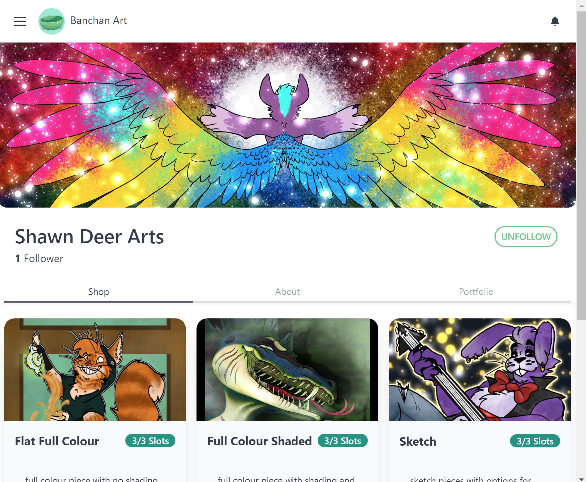 Screenshot of an example Banchan shop, including a beautiful header graphic, the name of the studio, and three separate offerings: Flat Full Color, Full Color Shaded, and Sketch. They each have 3 slots available.